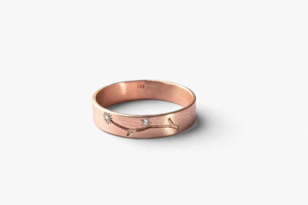 14k Solid Rose Gold Floral Engraved Band with Tiny Diamonds ,Wedding Band for Women , Romantic Hand-Engraved Branch Band, flat wedding ring