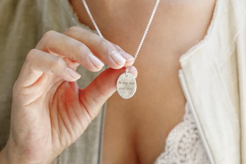 925 Sterling Silver & Salt-and-Pepper Diamonds Oval Coin Pendant for Women | "Mom" Coin Necklace - Customized Initials / Monogramed Pendant