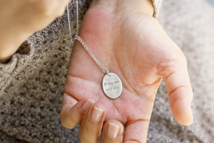 925 Sterling Silver & Salt-and-Pepper Diamonds Oval Coin Pendant for Women | "Mom" Coin Necklace - Customized Initials / Monogramed Pendant