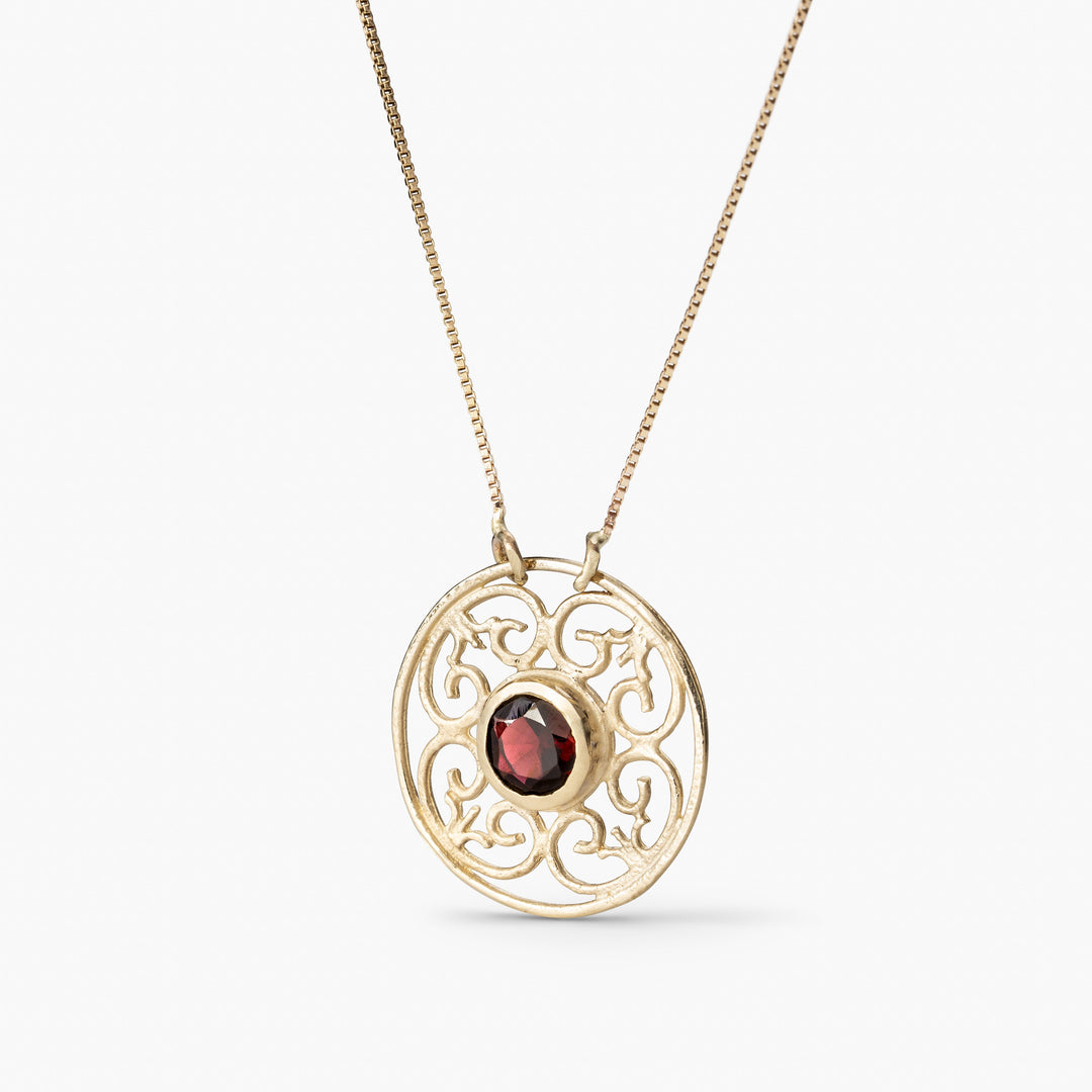14k Solid Gold Garnet Necklace, Beautiful Gift For Mom, Coin pendant, Handmade Gold Mom Mothers Day Necklace , gift For her, Gift for Xmas