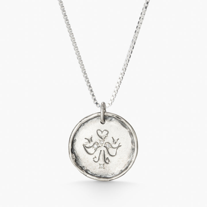 925 Sterling Silver Coin Pendant for Women| Love Birds Sapphire "Mom" Coin Necklace - Customized Initials / Monogramed Pendant