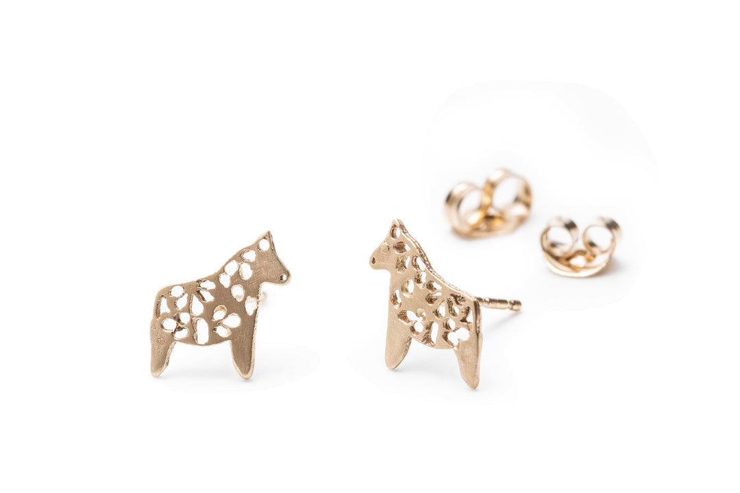 14K Gold Filigree Pony Stud Earrings, 14K Yellow Solid Gold Horse Dainty Earrings for Girls and Teens, Gift for Xmas