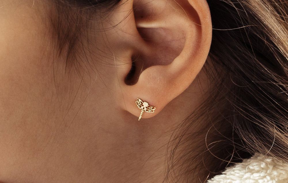Dragonfly 14K Gold Filigree Stud Earrings For Girls and Teens, Small Dainty Solid Gold Earrings