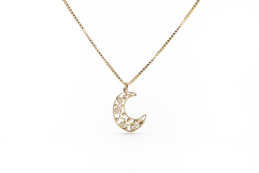 14K Solid Gold and Tiny Diamonds Moon Pendant Necklace for Girls, Delicate Filigree Pendant, Birthday Gift for Teens, Xmas Gift For Girls
