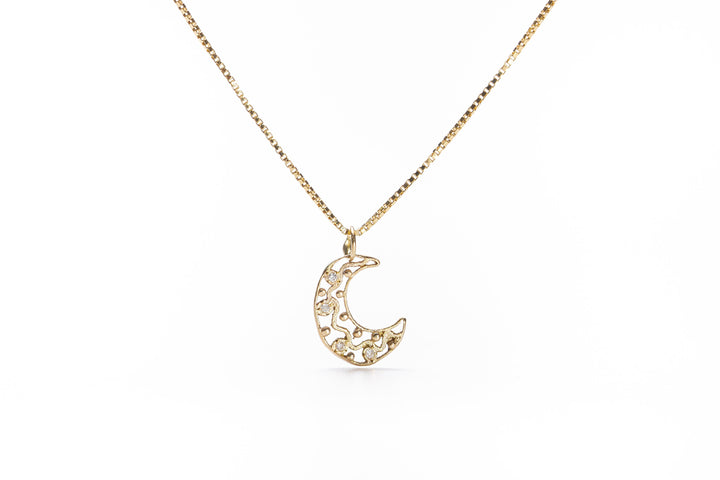 14K Solid Gold and Tiny Diamonds Moon Pendant Necklace for Girls, Delicate Filigree Pendant, Birthday Gift for Teens, Xmas Gift For Girls