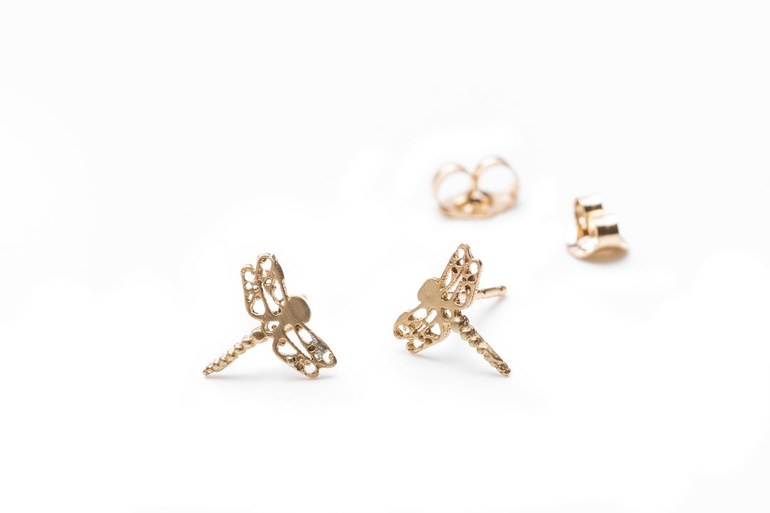 Dragonfly 14K Gold Filigree Stud Earrings For Girls and Teens, Small Dainty Solid Gold Earrings