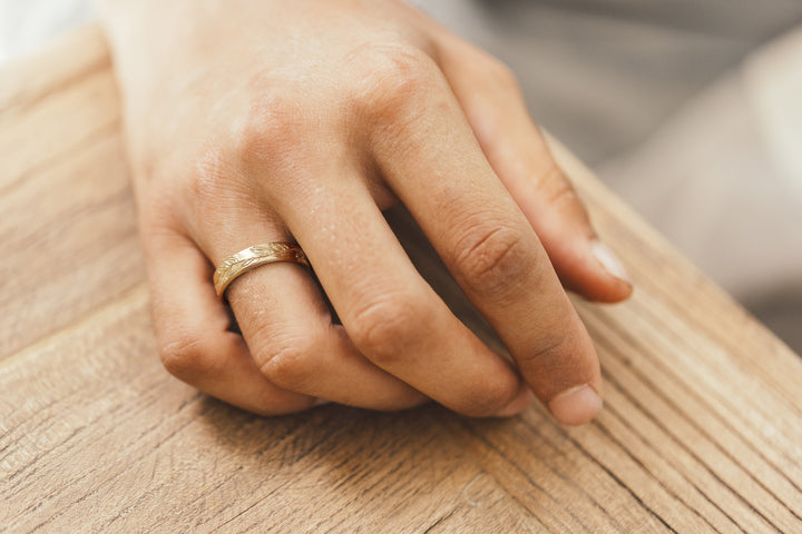 14K Gold Engraved Leaf Ring for Man