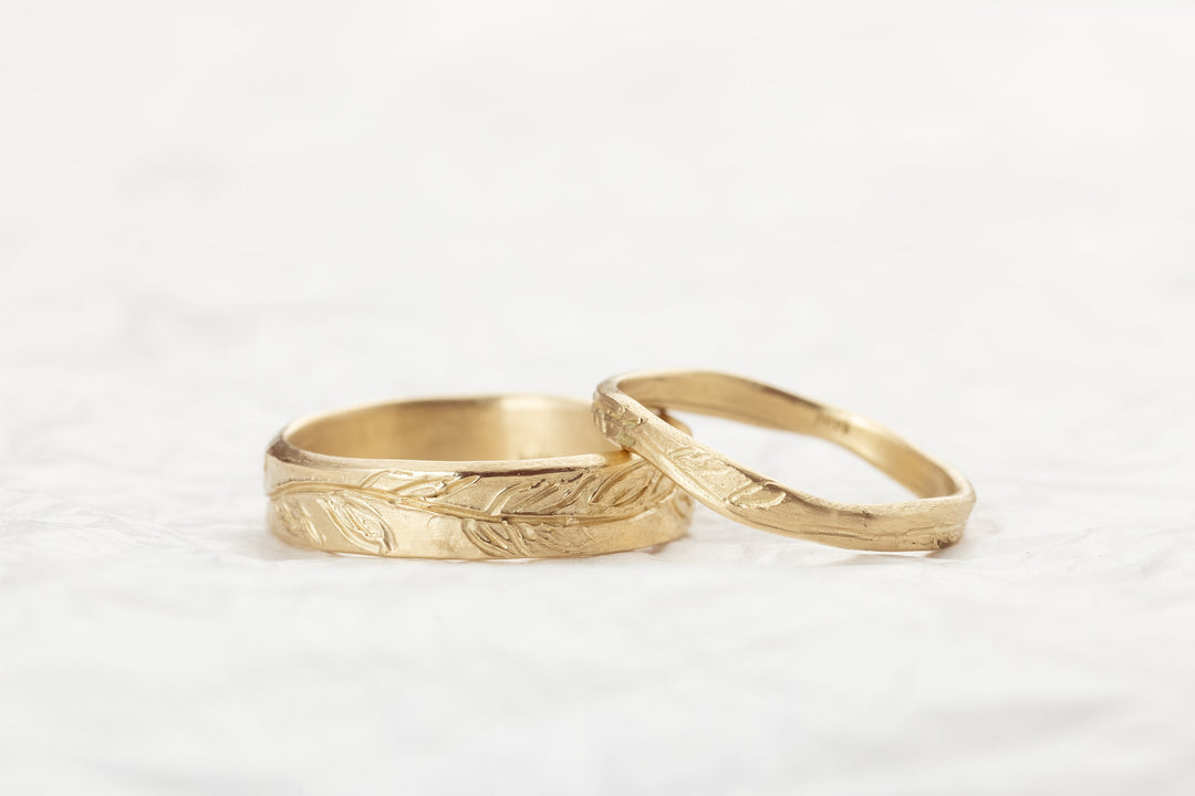 14K Gold Engraved Leaf Ring for Man