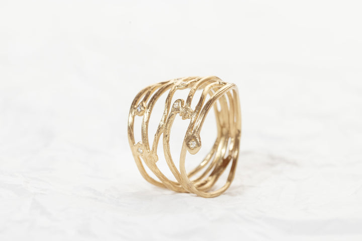 14K Solid Yellow Gold Multi row gold ring, Wide Branch Diamonds Ring, Unique Stripes wavy gold ring, Gift For Her
