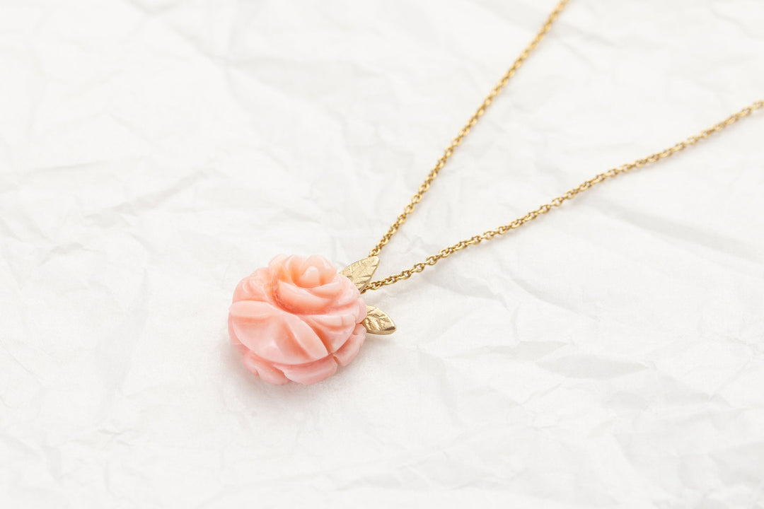 Pink Coral Rose Pendant, Floral 14K Gold Necklace, Dainty Rose Necklace, Pink Rose Jewelry, Tiny Rose Flower Necklace, Pink Wedding Necklace