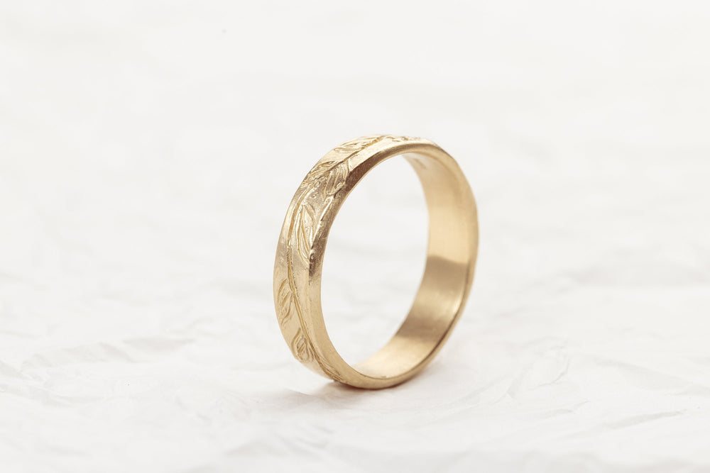 14K Gold Engraved Leaf Ring for Man