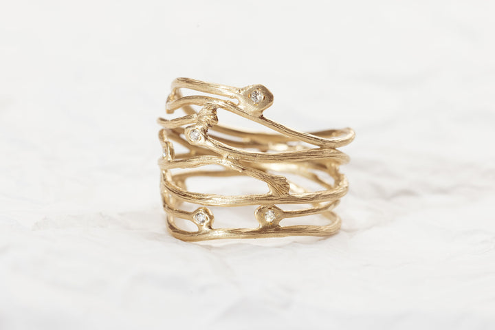 14K Solid Yellow Gold Multi row gold ring, Wide Branch Diamonds Ring, Unique Stripes wavy gold ring, Gift For Her