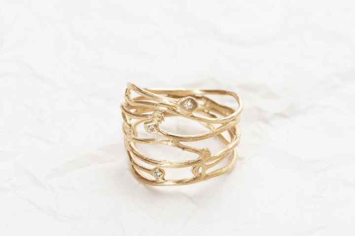 14K Solid Yellow Gold Multi row gold ring, Wide Branch Diamonds Ring, Unique Stripes wavy gold ring, Gift For Her