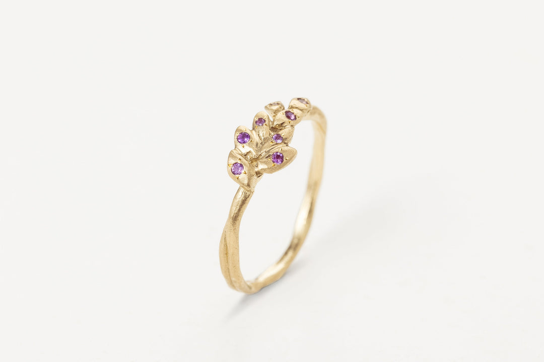 Lavender Flower and Amethyst Solid Gold Ring