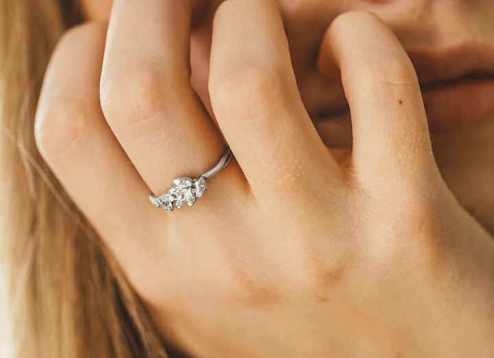 14K White Gold and Diamonds Lavender Leaves Ring- Special gift for nature lovers- Rush Gift For Xmas- Ship Next Day