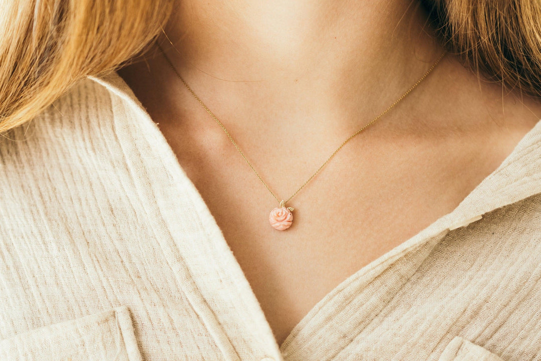 Pink Coral Rose Pendant, Floral 14K Gold Necklace, Dainty Rose Necklace, Pink Rose Jewelry, Tiny Rose Flower Necklace, Pink Wedding Necklace