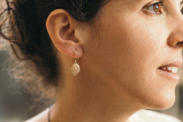 14k Solid Gold Dangle Leaf Earrings, Beautiful gold dangle earrings, Matte finish, Gift For Her