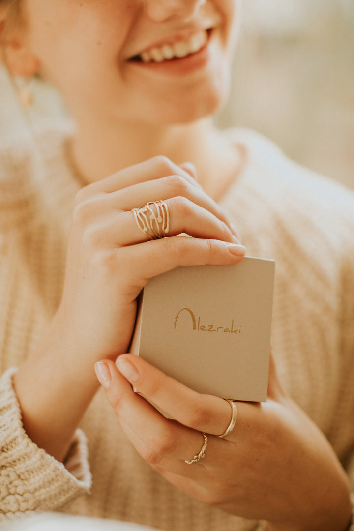 14K Solid Yellow Gold Multi row gold ring, Wide Branch Diamonds Ring, Unique Stripes wavy gold ring, Gift For Her