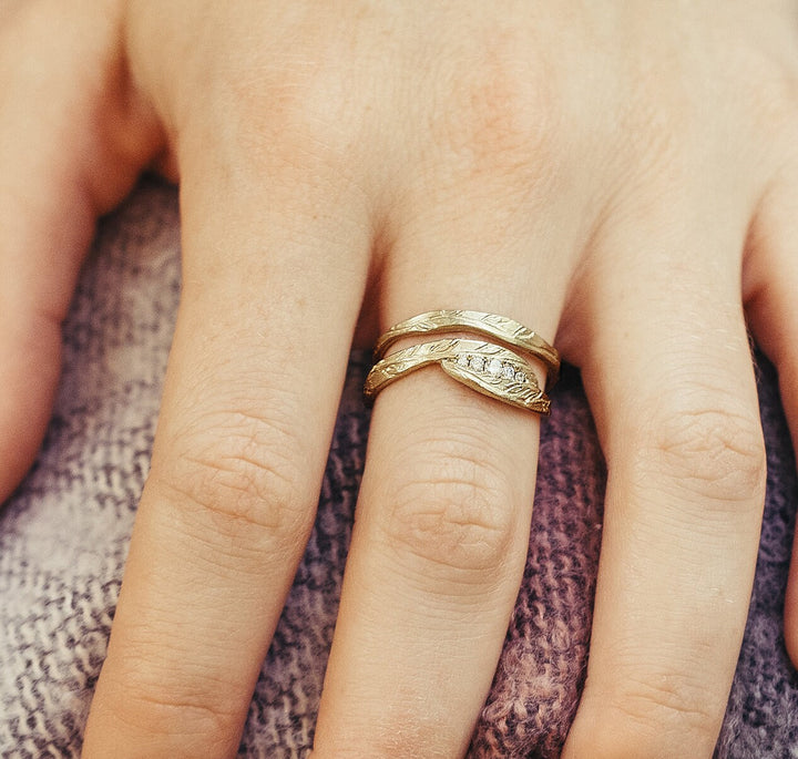 Diamond Twig Engagement Ring Set, 14K Solid Gold Nature Inspired Wedding Stacking Ring Set, 14k Gold Olive Branch Leaf Jewelry