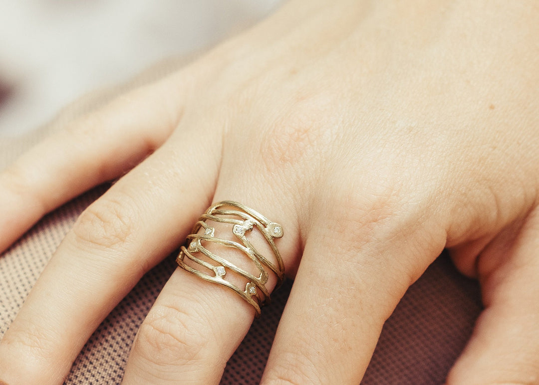 14K Solid Yellow Gold Multi row gold ring, Wide Branch Diamonds Ring, Unique Stripes wavy gold ring, Gift For Her