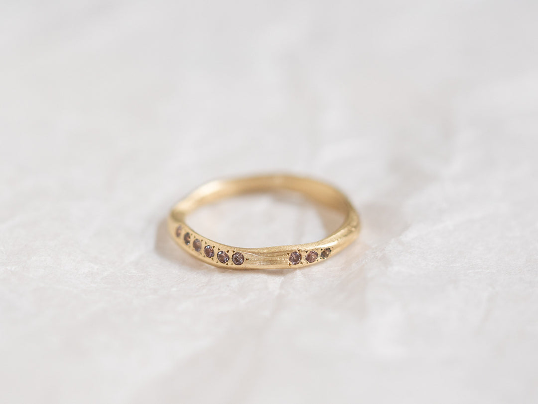 14K Solid Yellow Gold Half Eternity Brown sapphires Wedding Ring, Matte Stacking Ring, Unique Women sapphires Ring, Hand sculpted Wave Ring