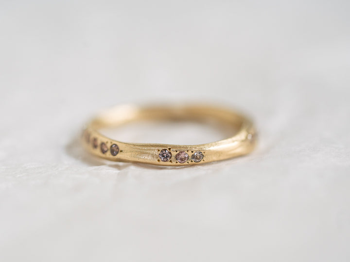 14K Solid Yellow Gold Half Eternity Brown sapphires Wedding Ring, Matte Stacking Ring, Unique Women sapphires Ring, Hand sculpted Wave Ring