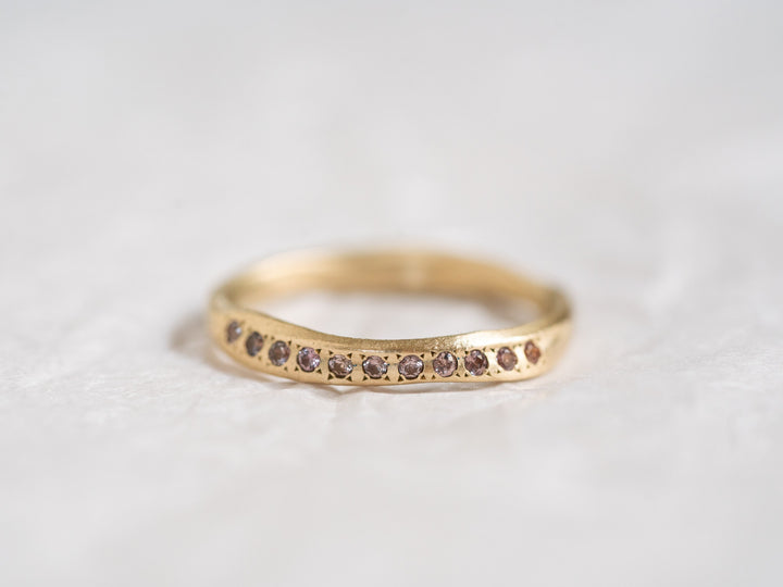 14K Solid Yellow Gold Half Eternity Brown sapphires Wedding Ring, Matte Stacking Ring, Unique Women sapphires Ring, Hand sculpted Wave Ring