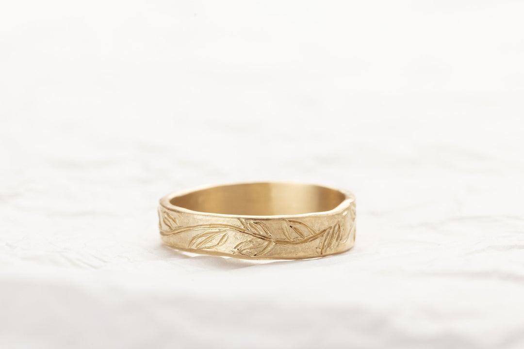 14K Gold Engraved Leaf Ring for Man