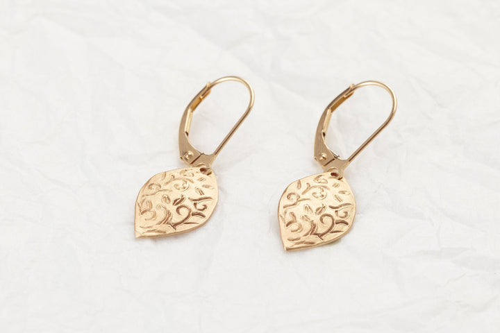 14k Solid Gold Dangle Leaf Earrings, Beautiful gold dangle earrings, Matte finish, Gift For Her