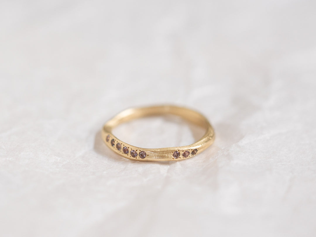 14K Solid Yellow Gold Half Eternity Brown sapphires Wedding Ring, Matte Stacking Ring, Unique Women sapphires Ring, Hand sculpted Wave Ring