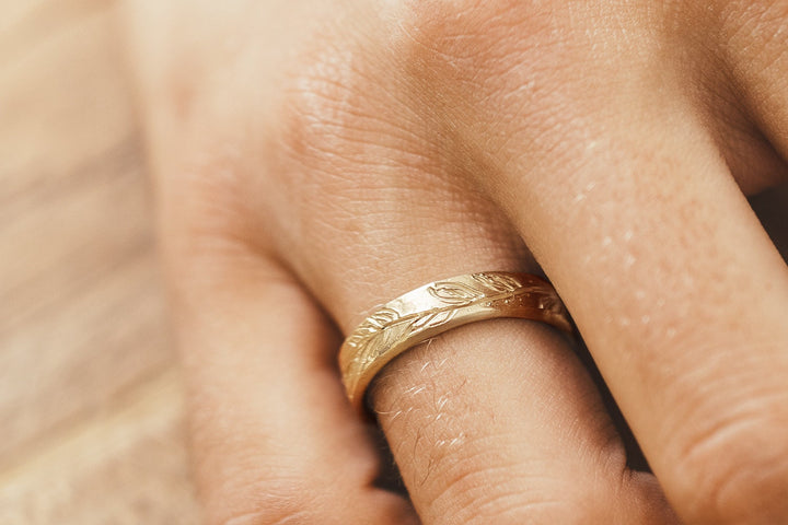 14K Gold Engraved Leaf Ring for Man