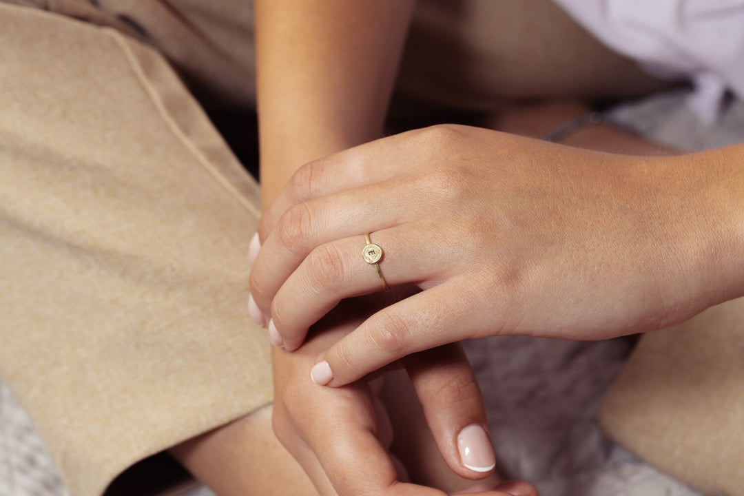 Round 14K Gold Custom Initial Floral Ring