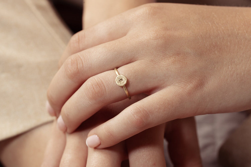 Round 14K Gold Custom Initial Floral Ring