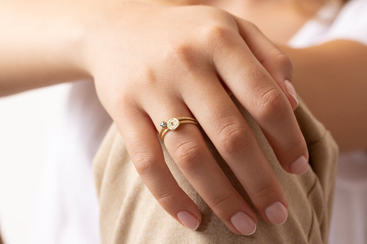 Round 14K Gold Custom Initial Floral Ring