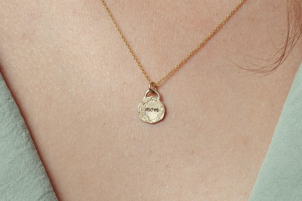 14k Solid Gold Coin Personalized Pendant Necklace, Tiny Diamond "Mom" Coin Necklace - Customized Initials / Monogramed Pendant