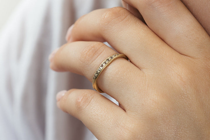 14K Solid Yellow Gold Half Eternity Brown sapphires Wedding Ring, Matte Stacking Ring, Unique Women sapphires Ring, Hand sculpted Wave Ring