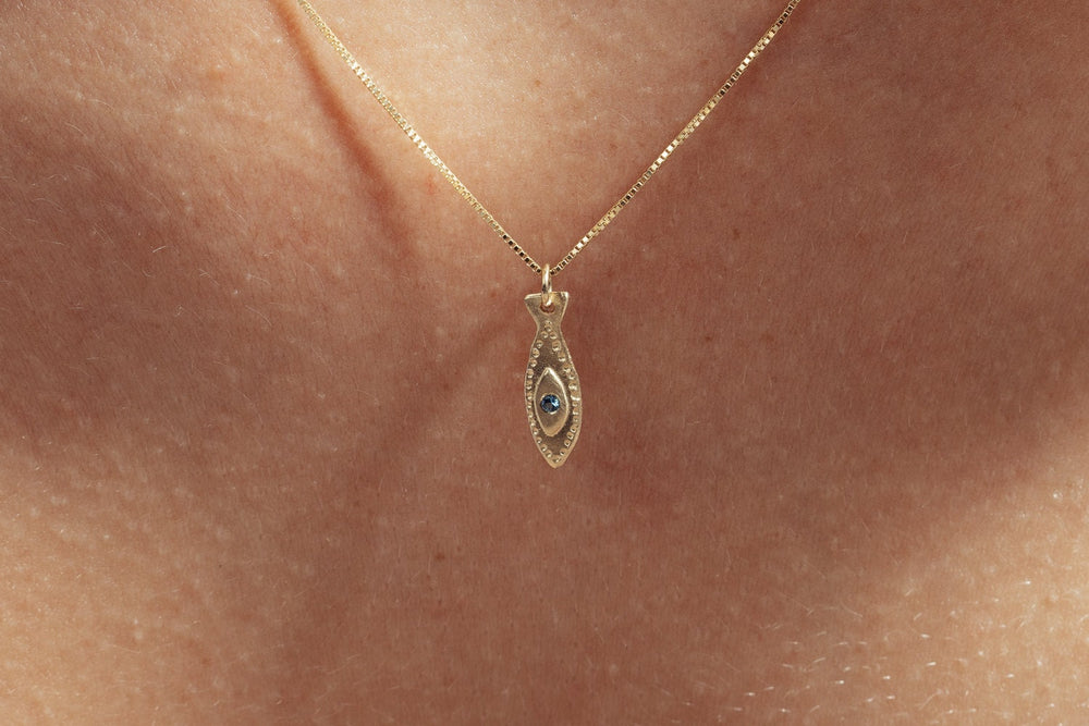 14K Dainty Gold Fish Blue Sapphire Pendant Necklace for Her