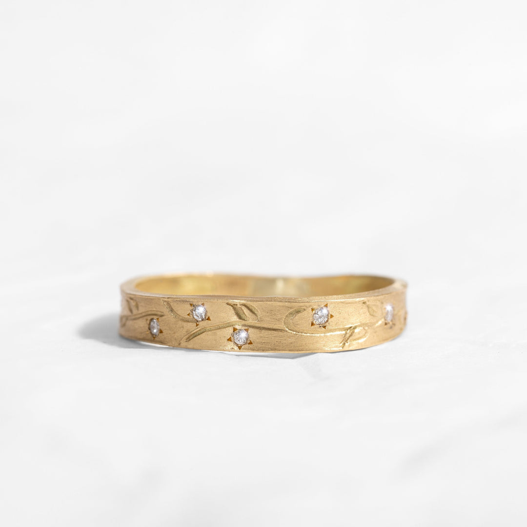 Nature Inspired 18k Solid yellow Gold Eternity Tiny Diamonds Engegement Band