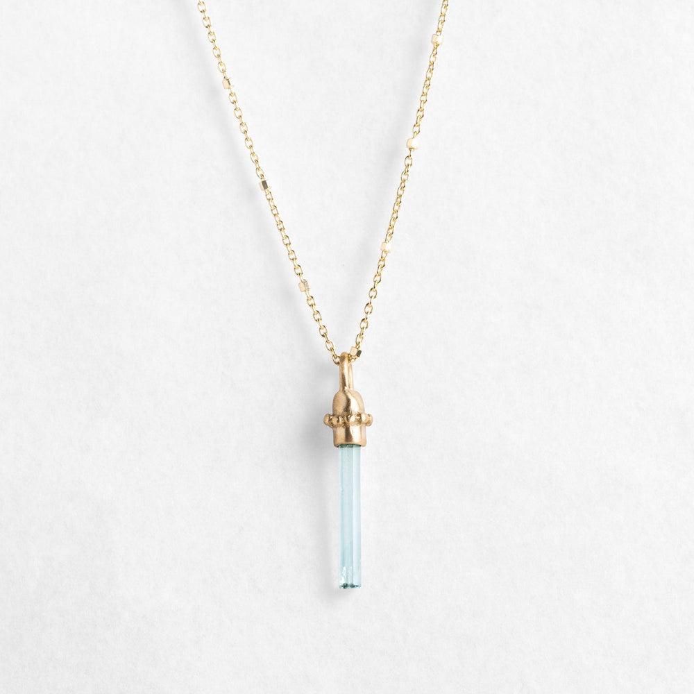 14K Solid Yellow Gold Dainty Aquamarine Quartz Pendant- Long Necklace for Her