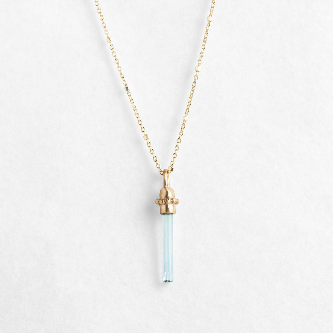 14K Solid Yellow Gold Dainty Aquamarine Quartz Pendant- Long Necklace for Her