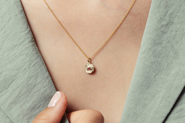 Natural Ruby 14K Gold Necklace, July Birthstone Jewelry, Gold Coin Ruby Necklace, Floral Gold Pendant, Birthday Gift for Her, Dainty Jewel