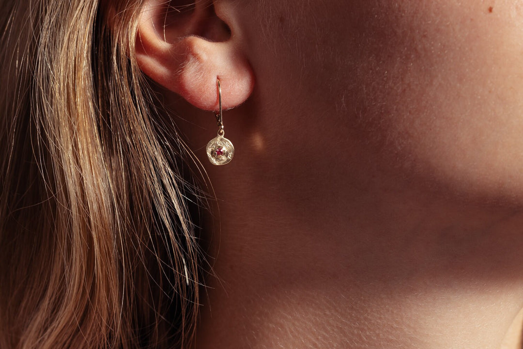 14k Solid Gold Dangle Earrings, Pomegranate Earrings, Ruby Earrings, Leverback Gold Earrings, Floral Earrings, Tiara Earrings