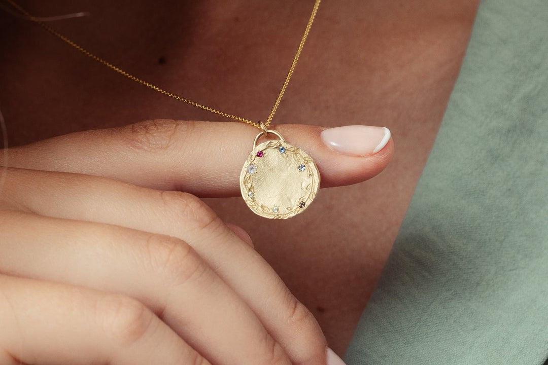 14k Solid Gold Coin Necklace, Custom Family Birthstone, Generation Necklace, Family Necklace, Birthstone Necklace Gift, Mother's Necklace