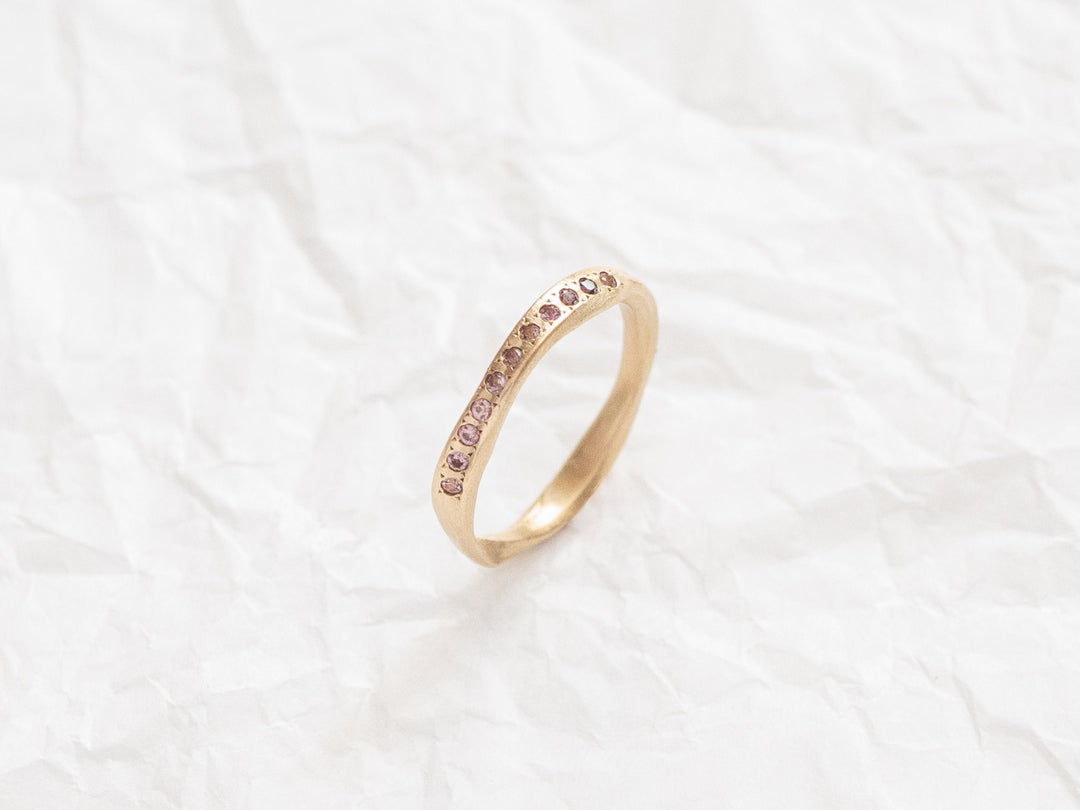 14K Solid Yellow Gold Half Eternity Brown sapphires Wedding Ring, Matte Stacking Ring, Unique Women sapphires Ring, Hand sculpted Wave Ring