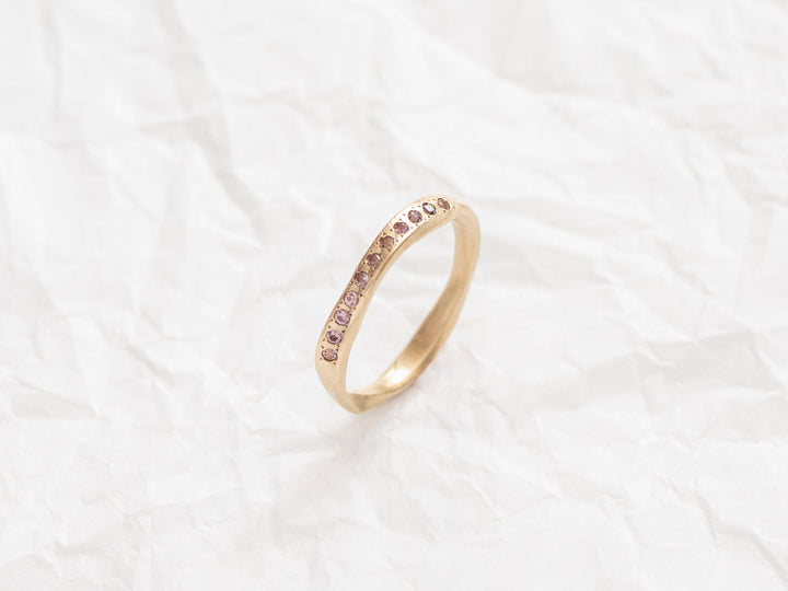 14K Solid Yellow Gold Half Eternity Brown sapphires Wedding Ring, Matte Stacking Ring, Unique Women sapphires Ring, Hand sculpted Wave Ring