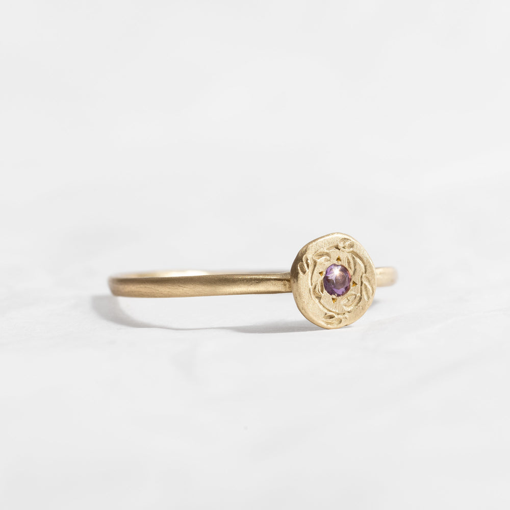 Birthstone Amethyst 14K Gold Flower Wreath Crown Engraved Ring