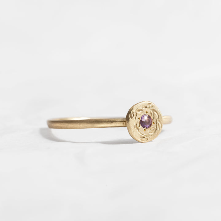 Birthstone Amethyst 14K Gold Flower Wreath Crown Engraved Ring