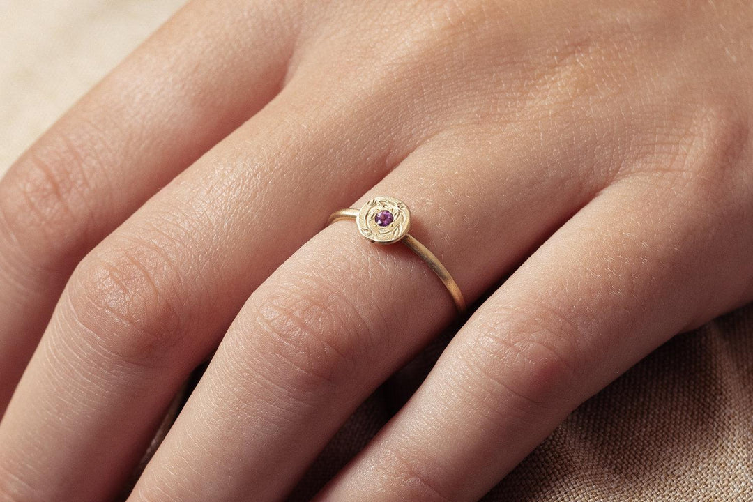 Dainty Gold Flower diamond Signet Ring, 14K Solid Gold Tiara Engraved Ring, Gemstone Engagement Ring