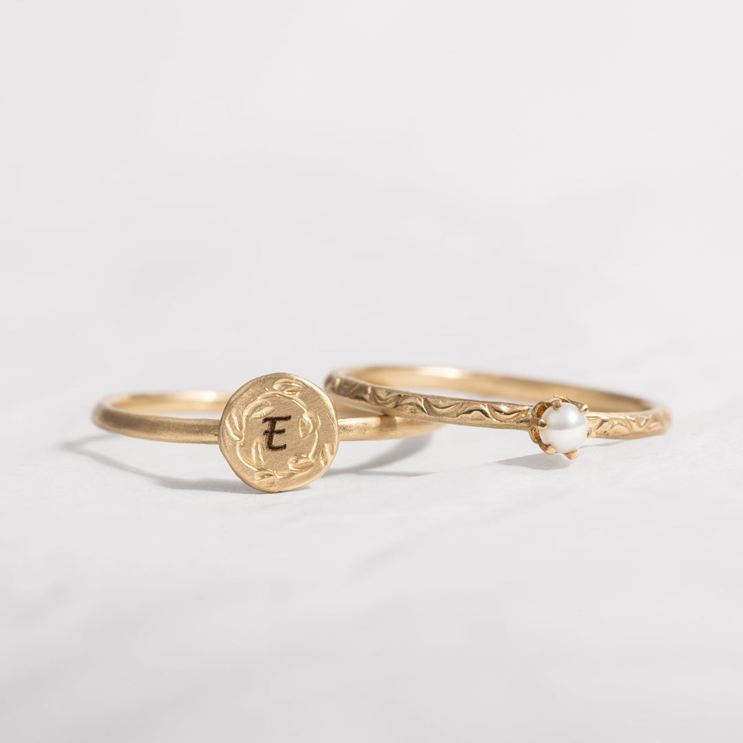 Round 14K Gold Custom Initial Floral Ring