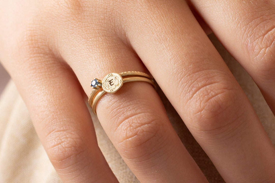 Round 14K Gold Custom Initial Floral Ring